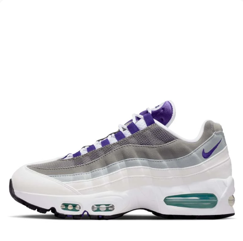 Nike Air Max 95 Sneakers - White, Grey & Purple with Teal Accents