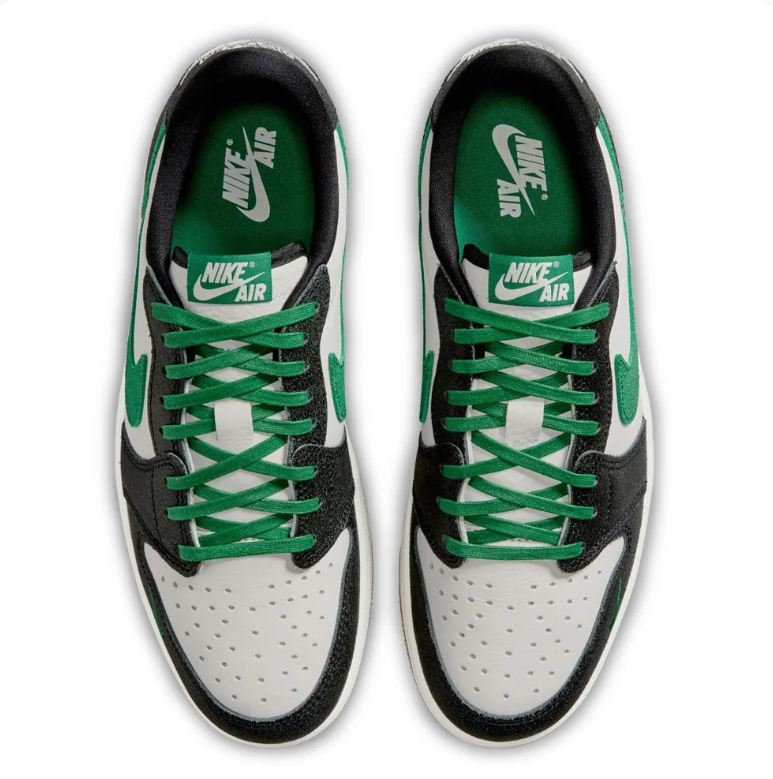Air Jordan 1 Low Sneakers - Black, White & Green with Gum Sole