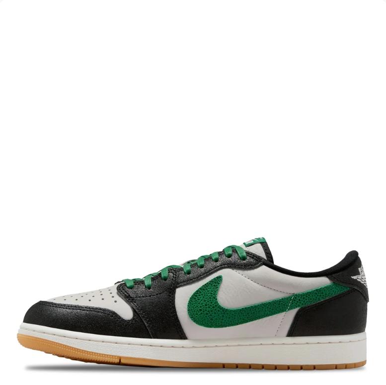 Air Jordan 1 Low Sneakers - Black, White & Green with Gum Sole