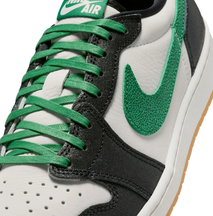 Air Jordan 1 Low Sneakers - Black, White & Green with Gum Sole