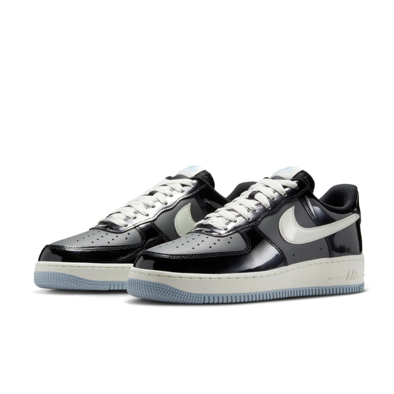 Nike Air Force 1 Low Sneakers - Glossy Black & Grey with Ice Blue Sole