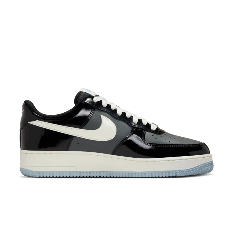Nike Air Force 1 Low Sneakers - Glossy Black & Grey with Ice Blue Sole