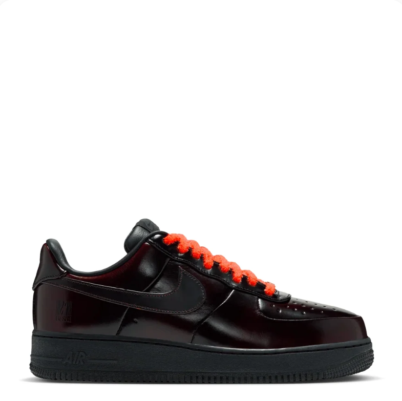 Nike Air Force 1 Low Sneakers - Glossy Black with Orange Laces