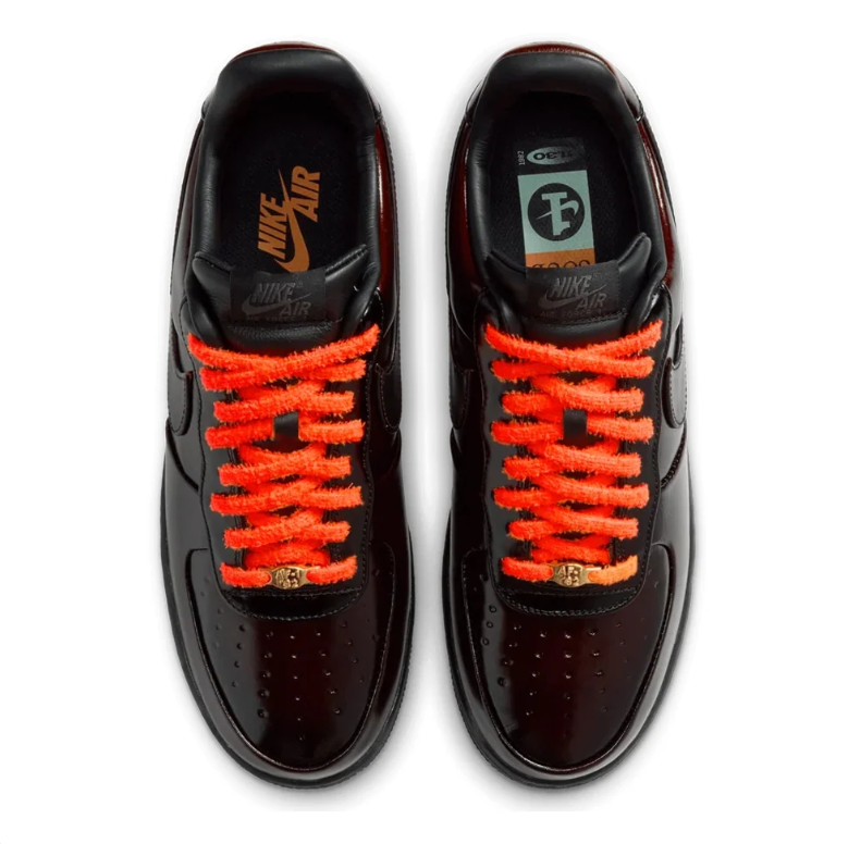 Nike Air Force 1 Low Sneakers - Glossy Black with Orange Laces