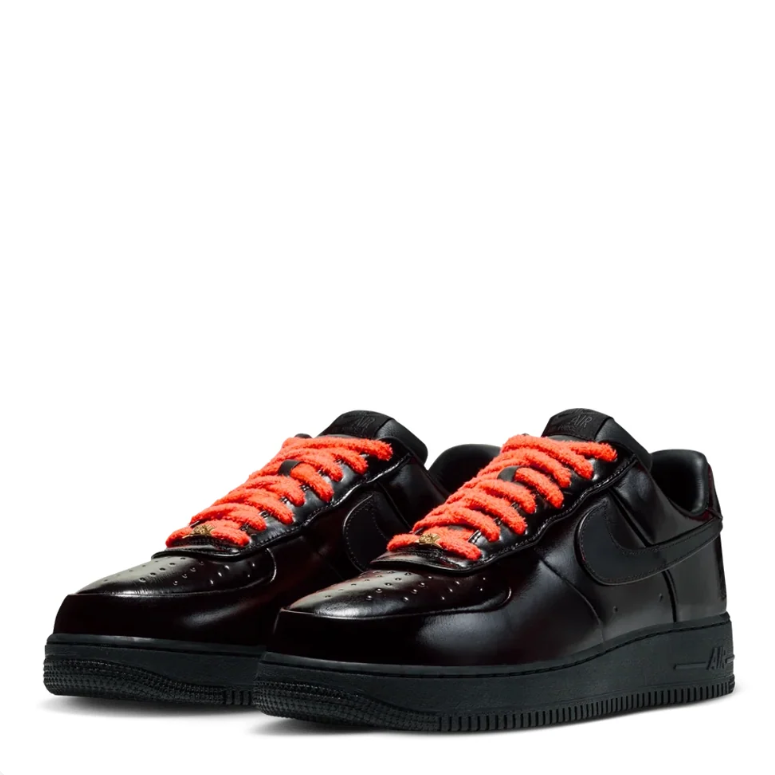 Nike Air Force 1 Low Sneakers - Glossy Black with Orange Laces
