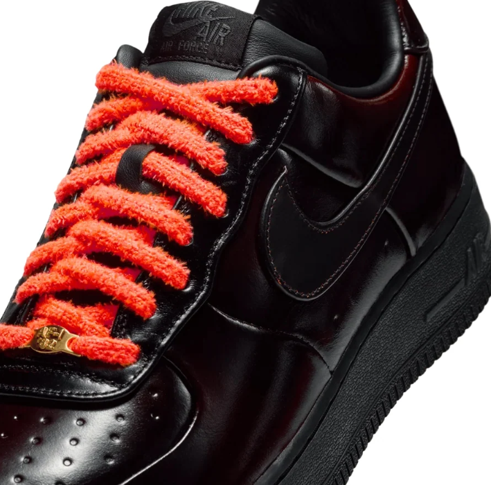 Nike Air Force 1 Low Sneakers - Glossy Black with Orange Laces