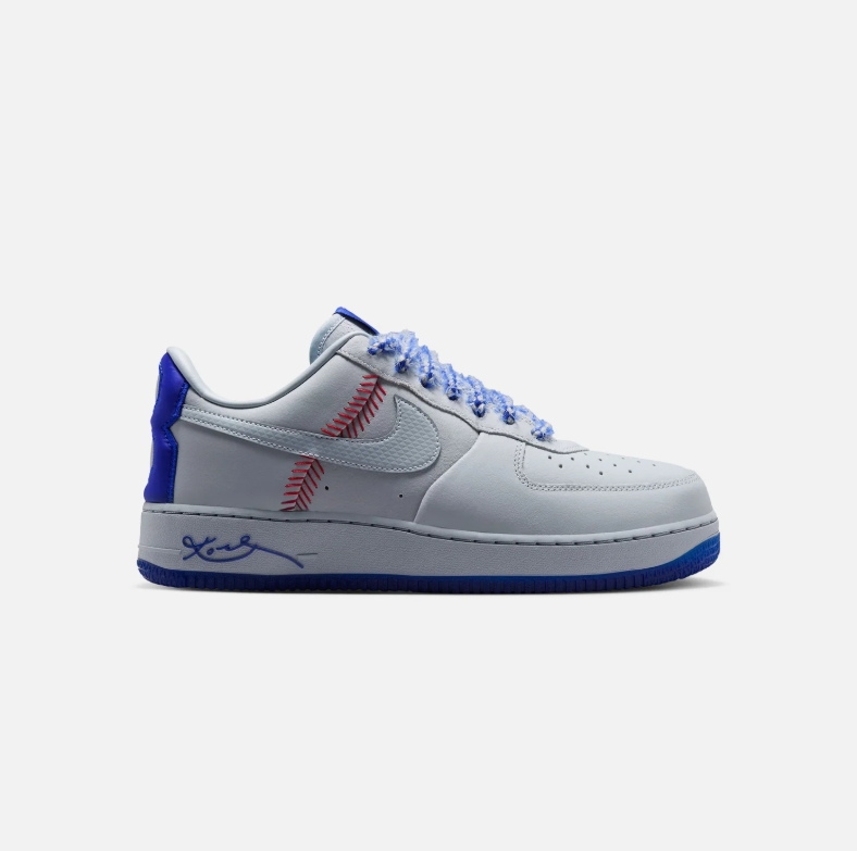 Nike Air Force 1 Low Sneakers - Light Grey & Blue with Red Stitch Details