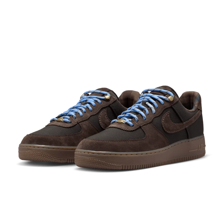 Nike Air Force 1 Low Sneakers - Dark Brown with Blue Patterned Laces