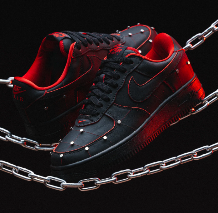 Nike Air Force 1 Low Sneakers - Black & Red with Silver-Tone Studs