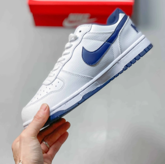 Nike Dunk Low Sneakers - White & Blue with Oversized Heel Branding
