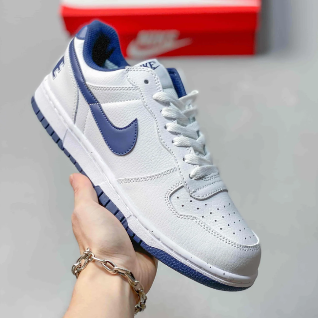 Nike Dunk Low Sneakers - White & Blue with Oversized Heel Branding