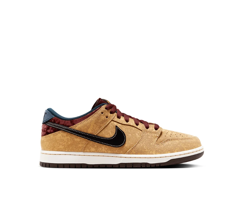 Nike SB Dunk Low Pro Sneakers - Tan & Burgundy with Black Swoosh