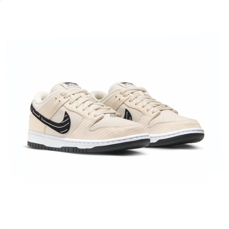 Nike SB Dunk Low Pro Sneakers - Cream & Black with Patterned Swoosh