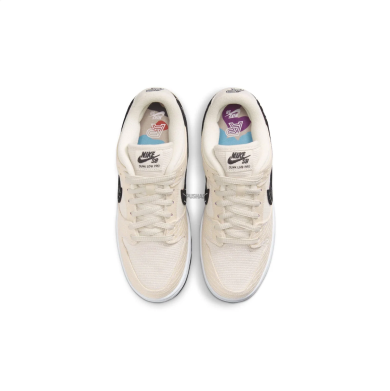Nike SB Dunk Low Pro Sneakers - Cream & Black with Patterned Swoosh