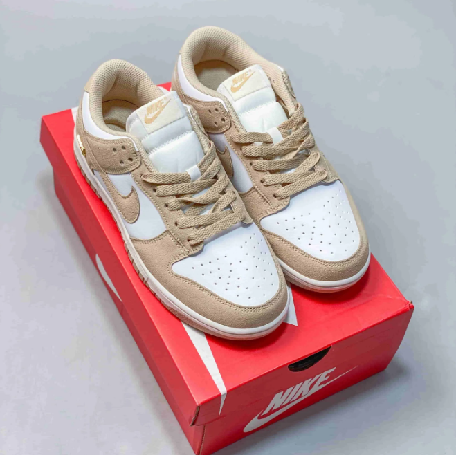 Nike Dunk Low Sneakers - White & Sand with Gold-Tone Swoosh Detail