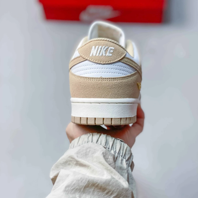 Nike Dunk Low Sneakers - White & Sand with Gold-Tone Swoosh Detail