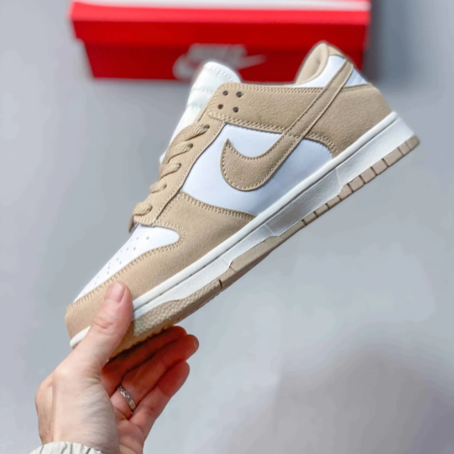 Nike Dunk Low Sneakers - White & Sand with Gold-Tone Swoosh Detail