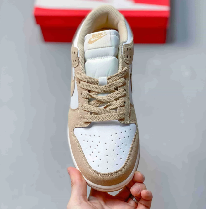 Nike Dunk Low Sneakers - White & Sand with Gold-Tone Swoosh Detail