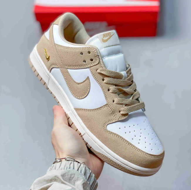 Nike Dunk Low Sneakers - White & Sand with Gold-Tone Swoosh Detail