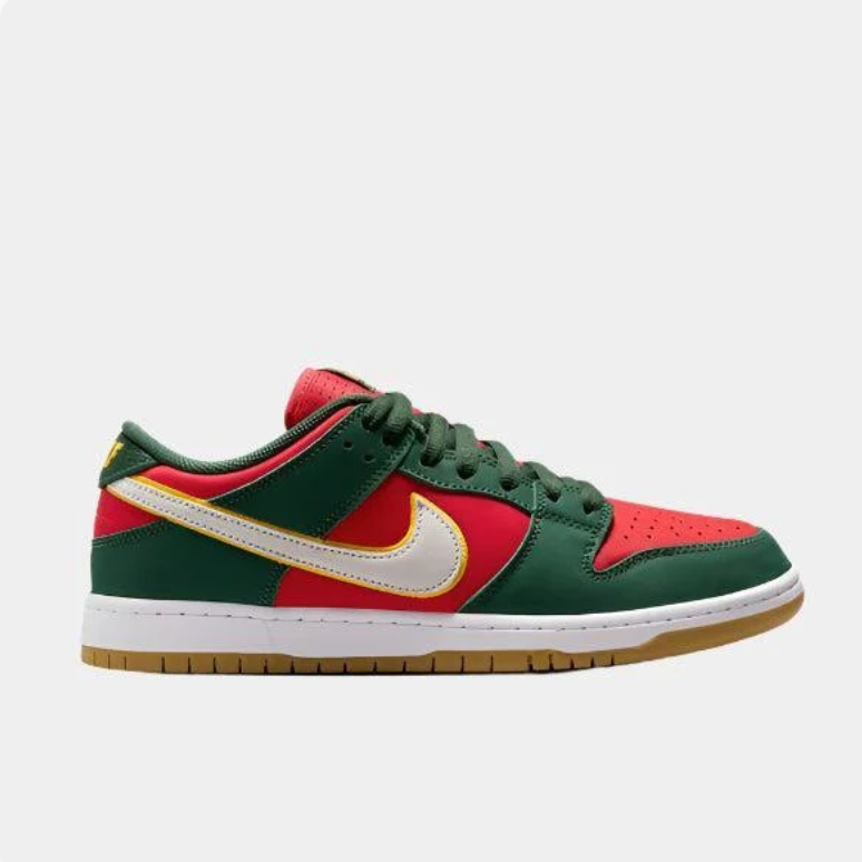 Nike Dunk Low Sneakers - Red & Green with Gum Sole