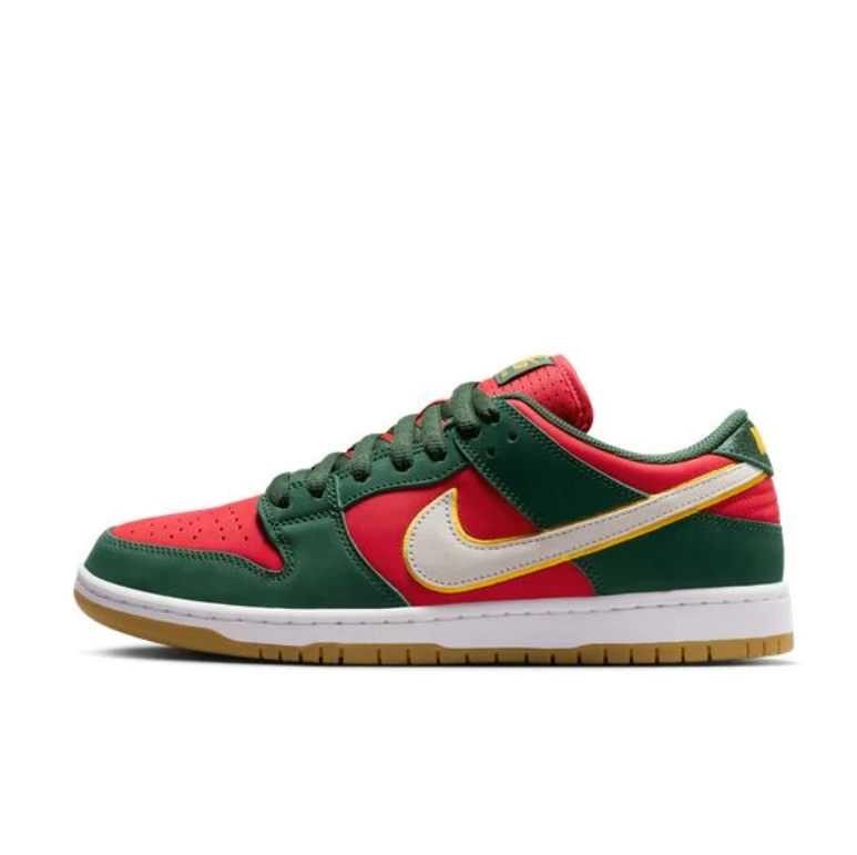 Nike Dunk Low Sneakers - Red & Green with Gum Sole