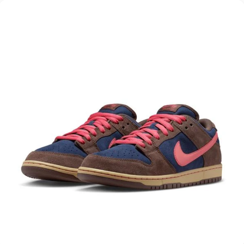 Nike SB Dunk Low Sneakers - Navy & Brown with Coral Pink Accents