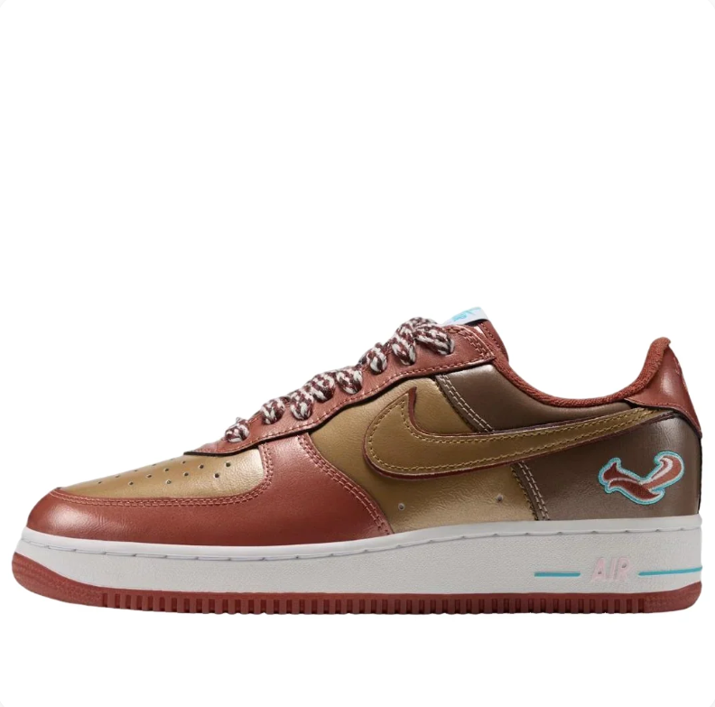Nike Air Force 1 Low Sneakers - Rust Brown & Tan with Teal Accents