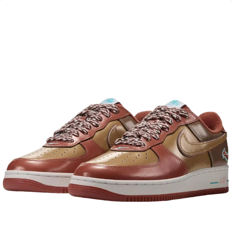 Nike Air Force 1 Low Sneakers - Rust Brown & Tan with Teal Accents