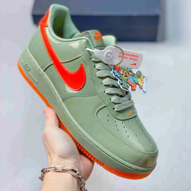 Nike Air Force 1 Low Sneakers - Sage Green & Bright Orange